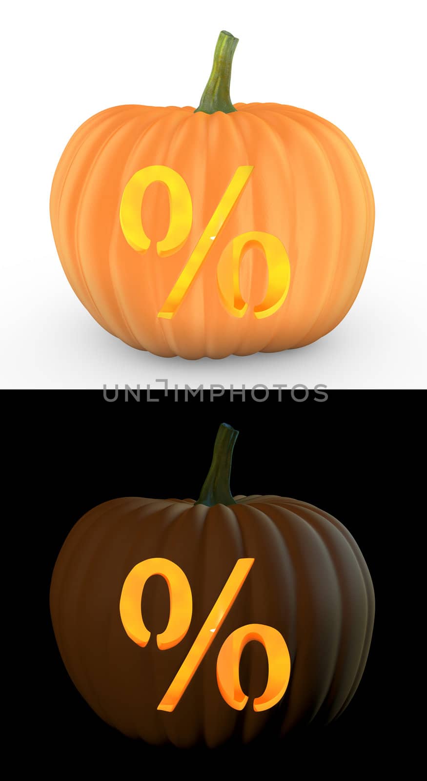 Percent symbol carved on pumpkin jack lantern isolated on and white background