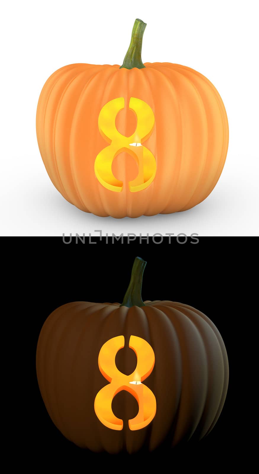 Number 8 carved on pumpkin jack lantern isolated on and white background