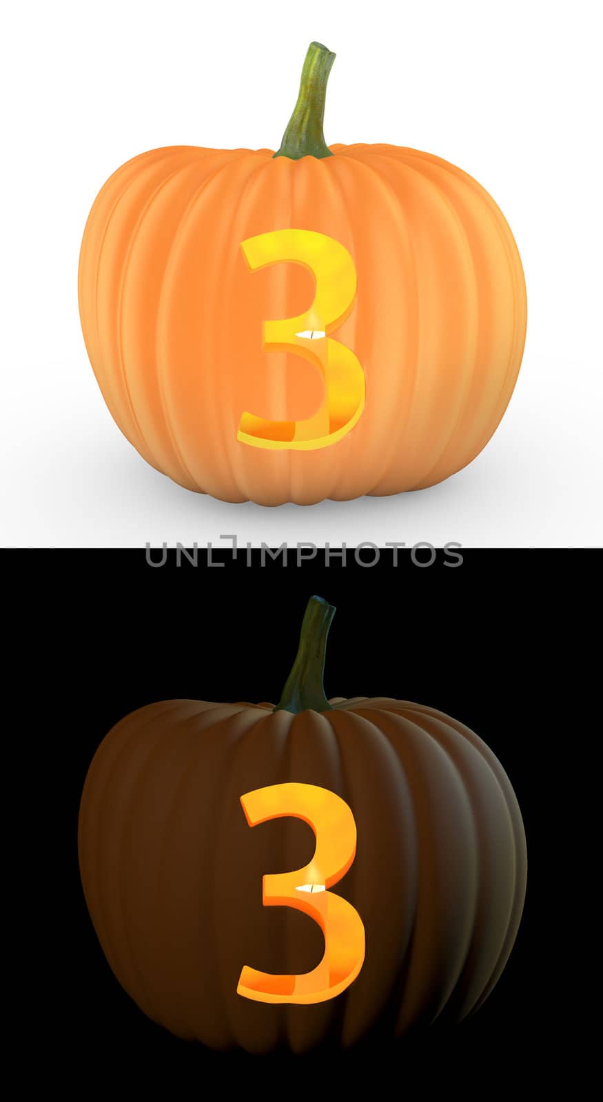 Number 3 carved on pumpkin jack lantern isolated on and white background
