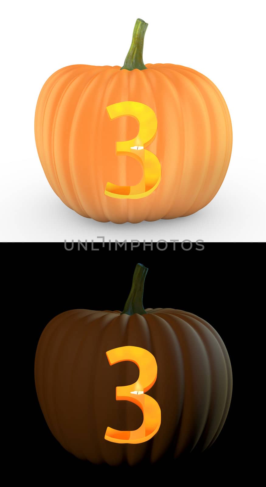 Number 3 carved on pumpkin jack lantern isolated on and white background