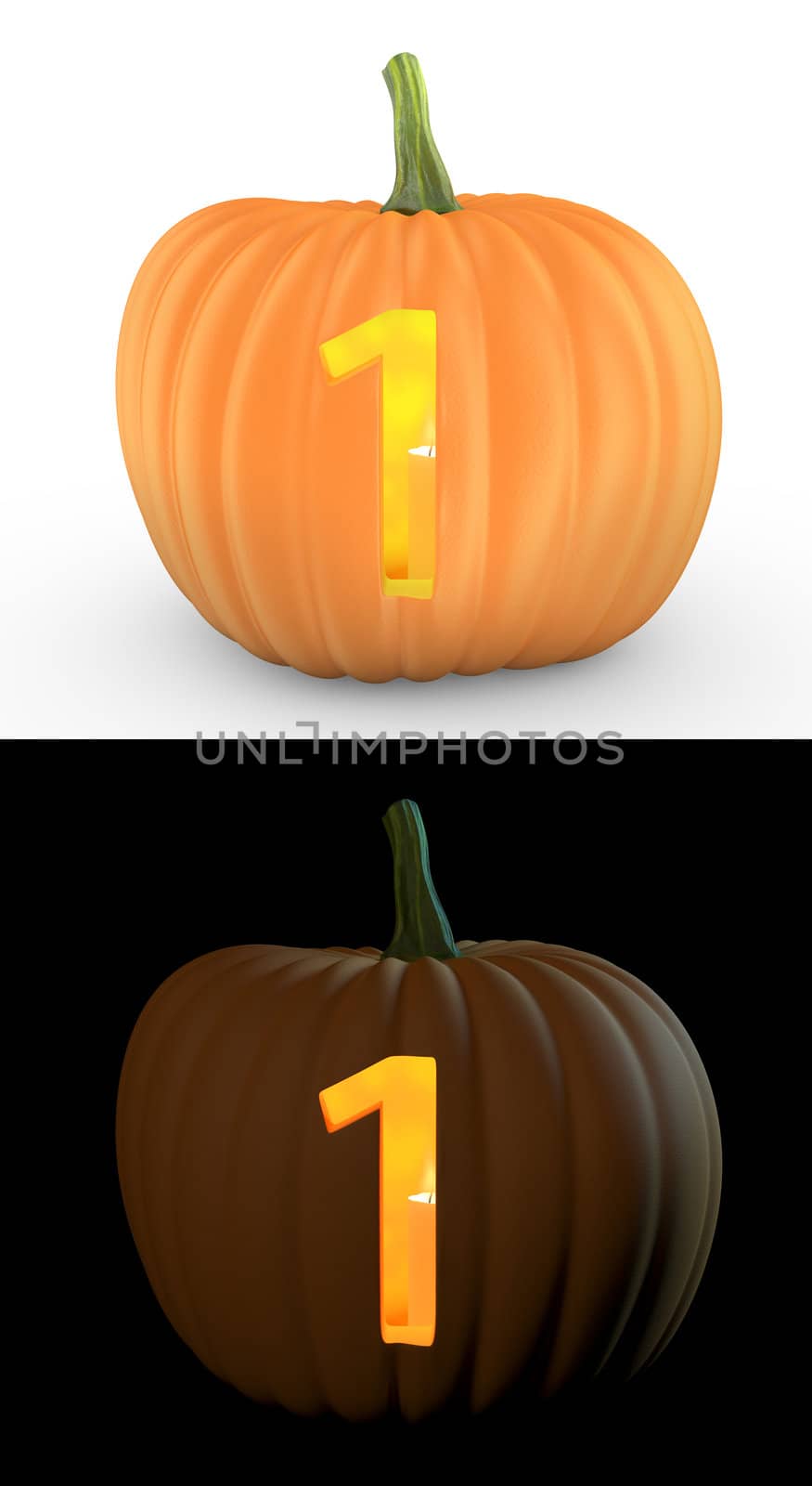 Number 1 carved on pumpkin jack lantern isolated on and white background