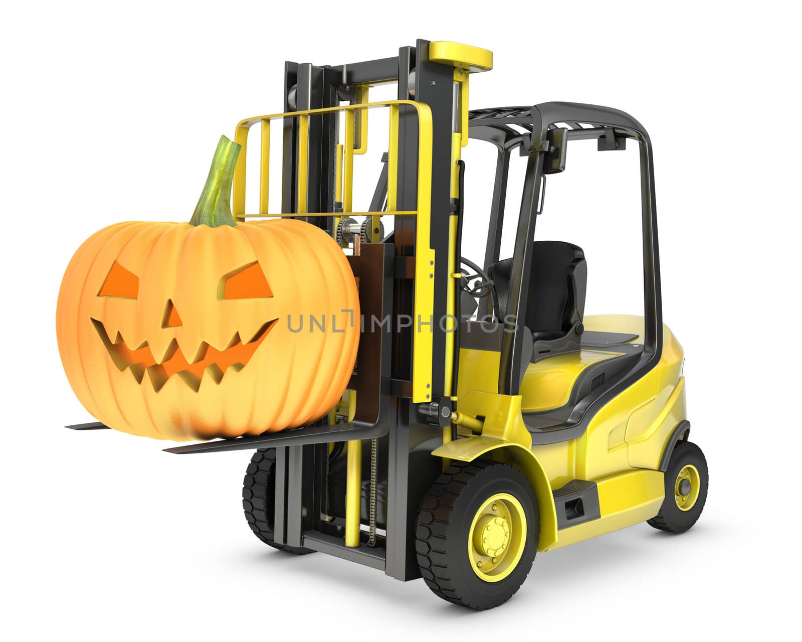 Yellow fork lift truck lifts halloween lantern, isolated on white background