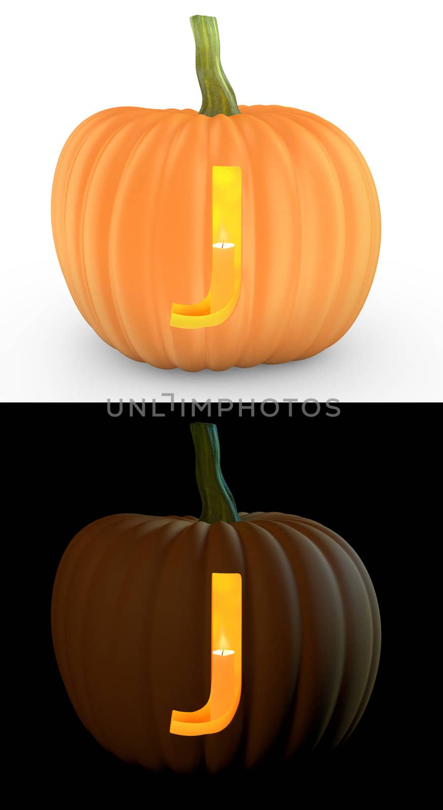 J letter carved on pumpkin jack lantern isolated on and white background