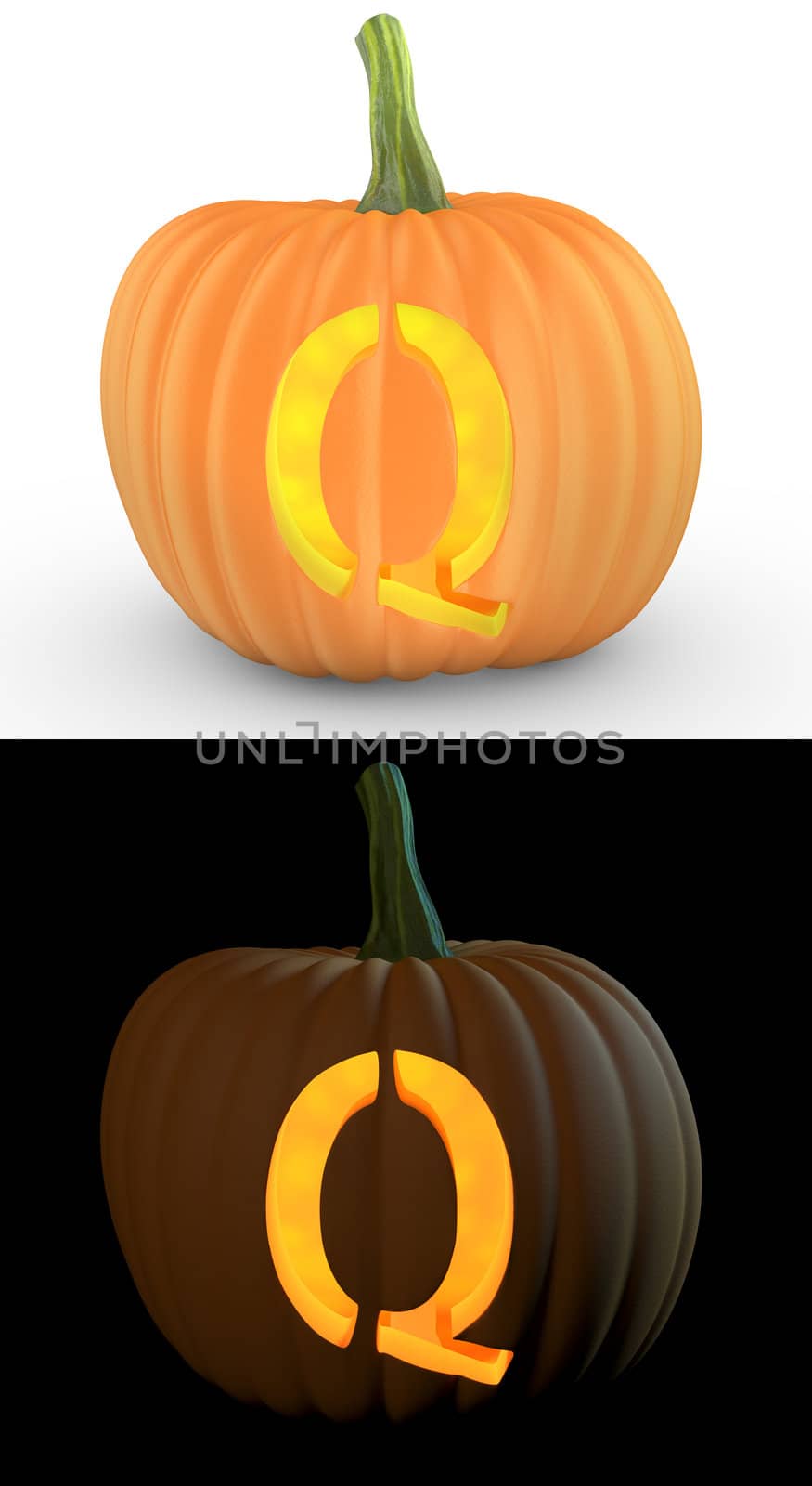 Q letter carved on pumpkin jack lantern isolated on and white background