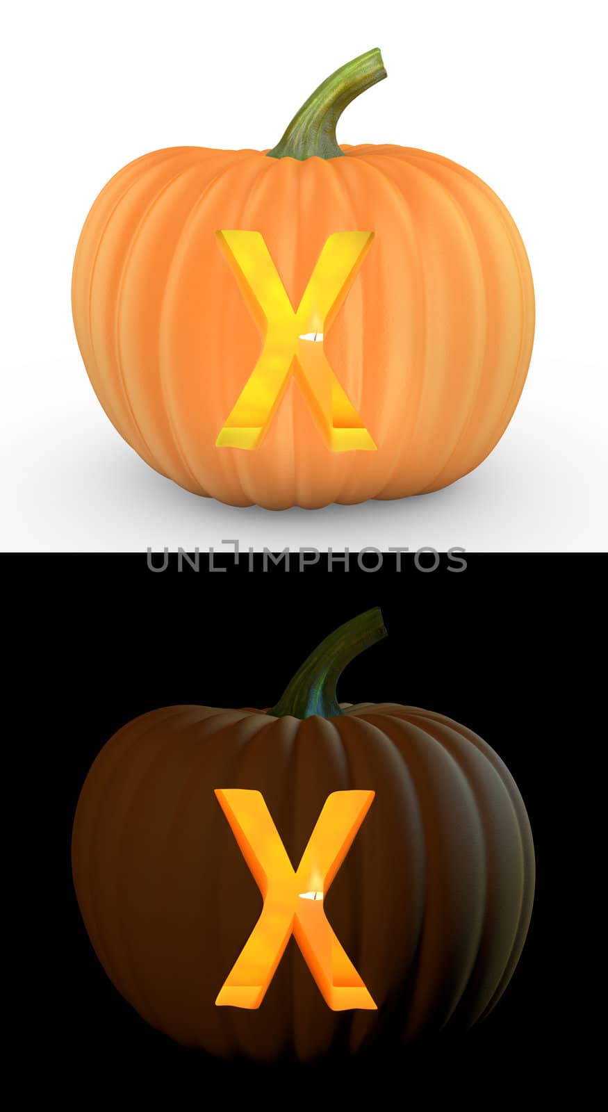 X letter carved on pumpkin jack lantern isolated on and white background