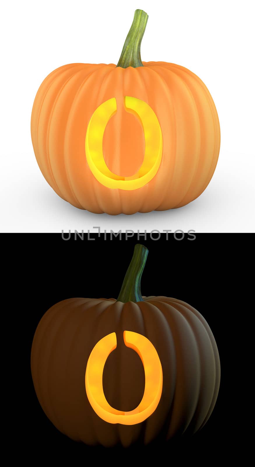 O letter carved on pumpkin jack lantern isolated on and white background