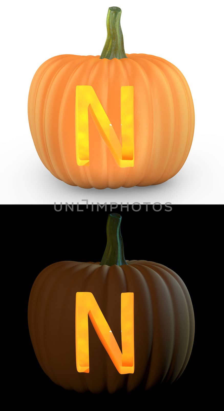 N letter carved on pumpkin jack lantern isolated on and white background