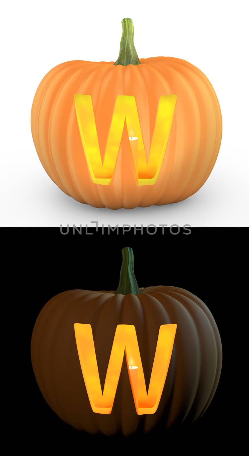 W letter carved on pumpkin jack lantern isolated on and white background