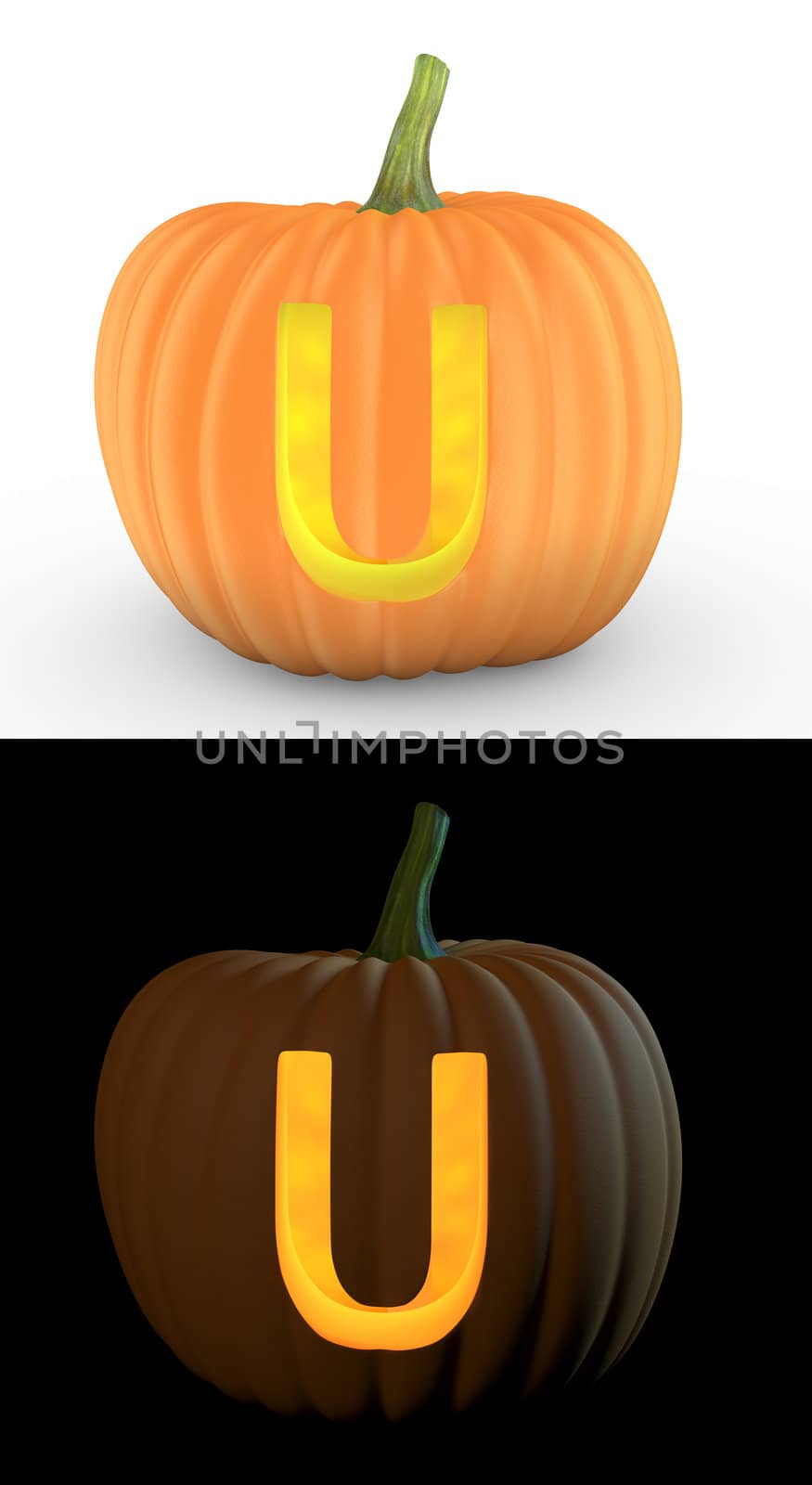 U letter carved on pumpkin jack lantern isolated on and white background