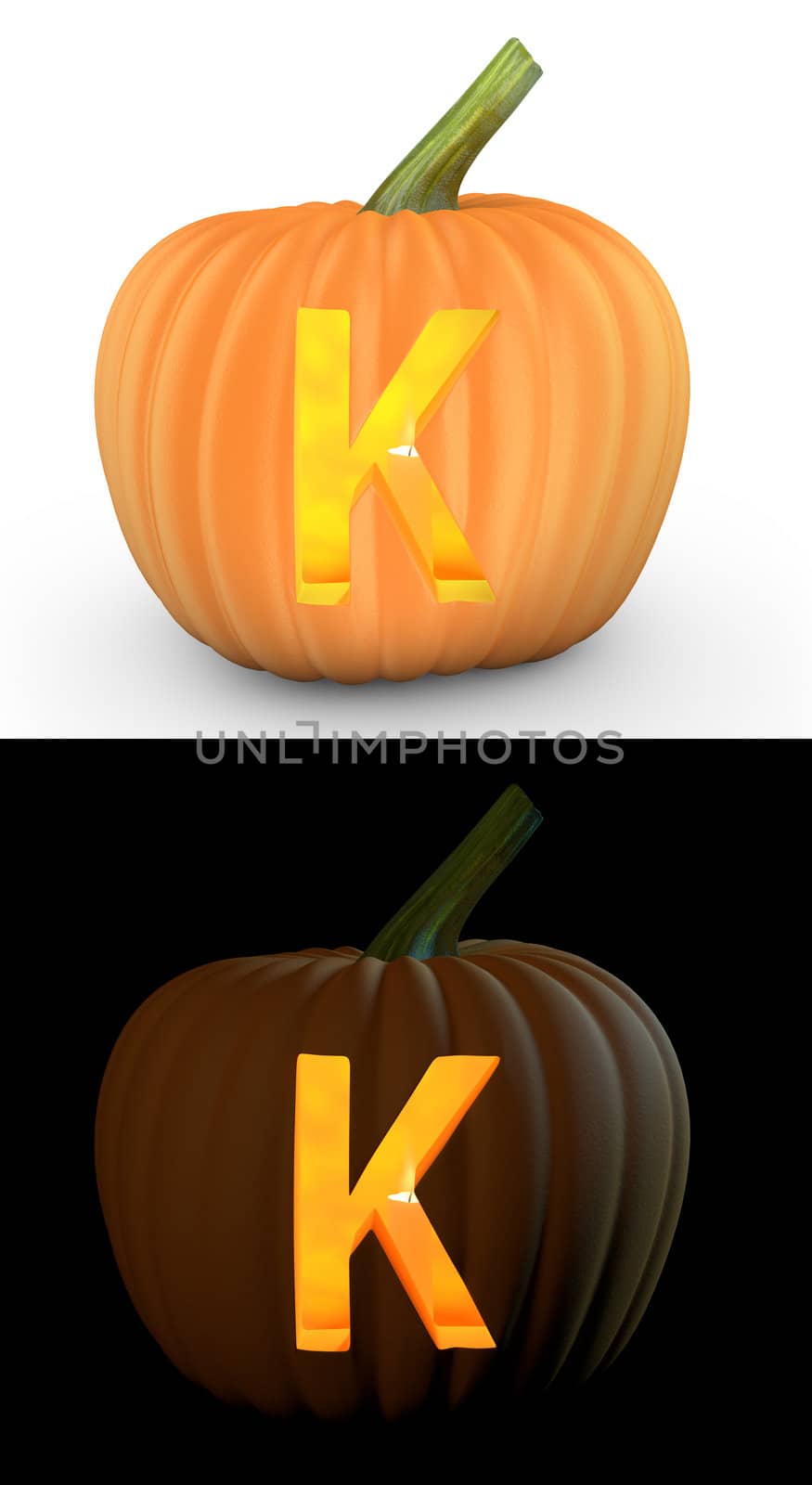 K letter carved on pumpkin jack lantern isolated on and white background