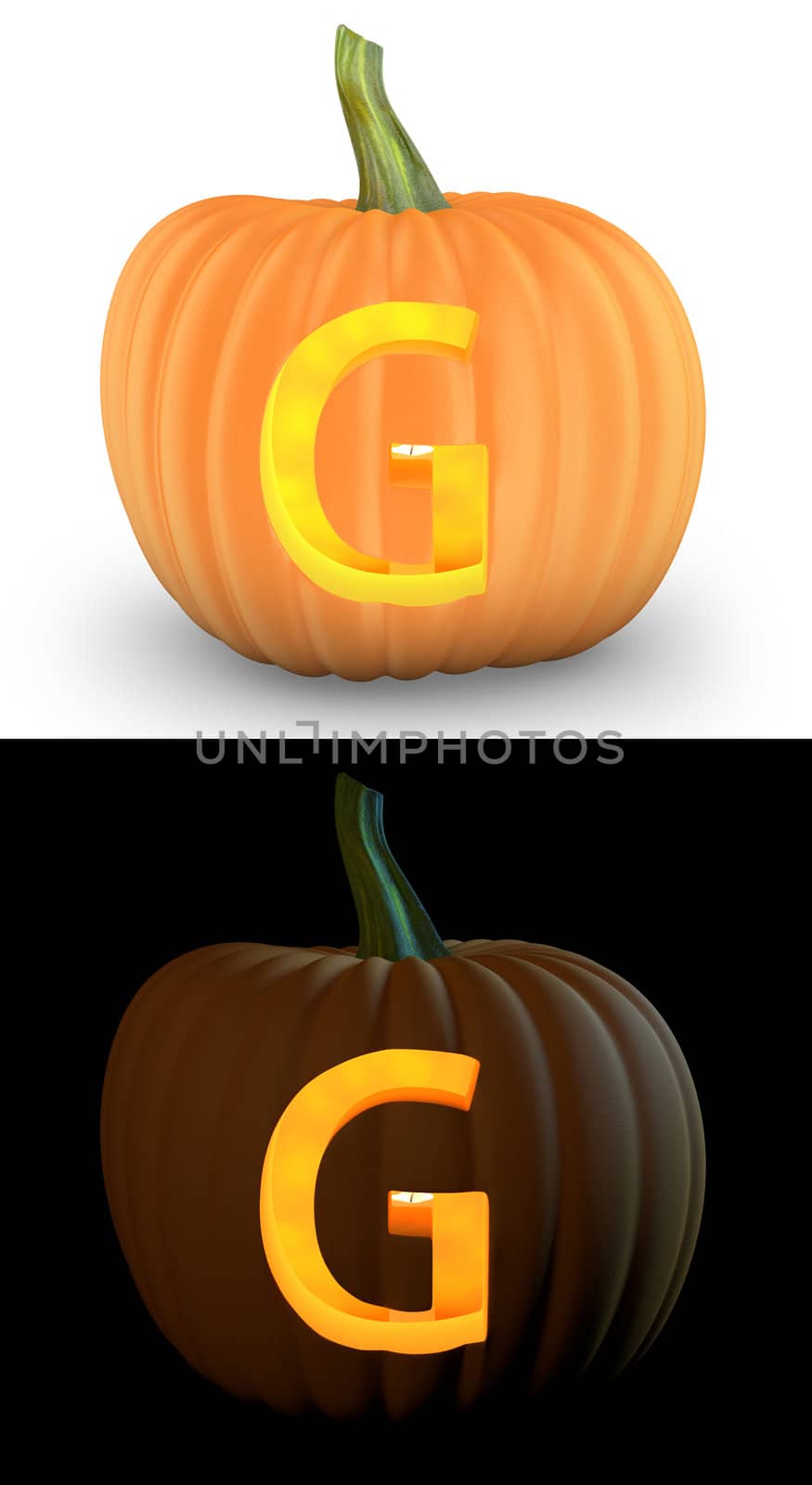 G letter carved on pumpkin jack lantern isolated on and white background