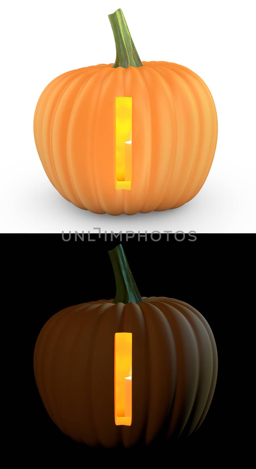 I letter carved on pumpkin jack lantern isolated on and white background