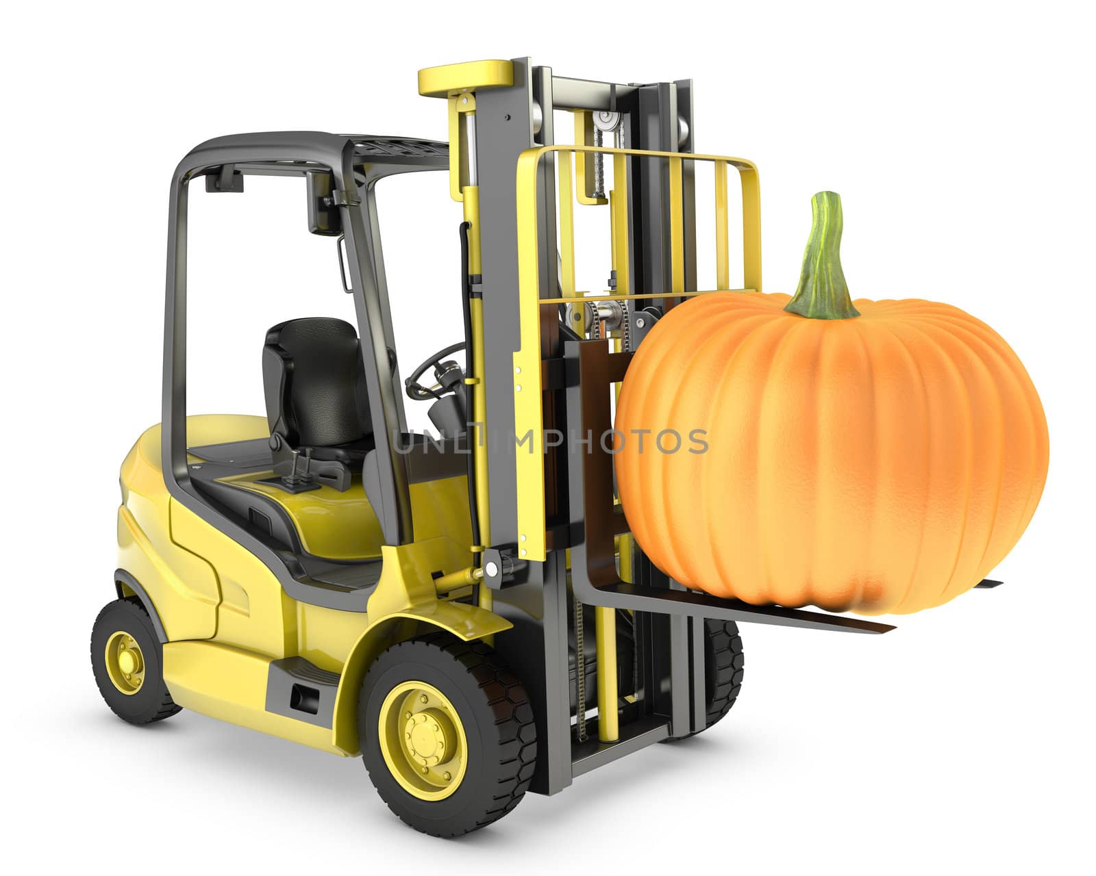 Yellow fork lift truck lifts orange pupmkin, isolated on white background