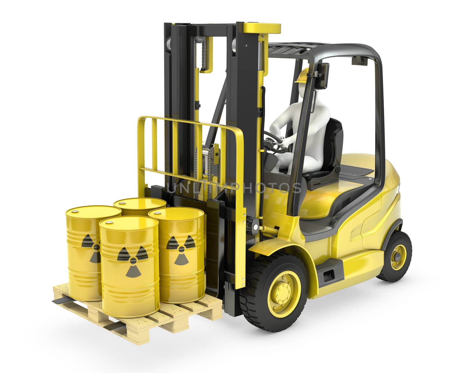 Fork lift truck with radioactive barrels, isolated on white background
