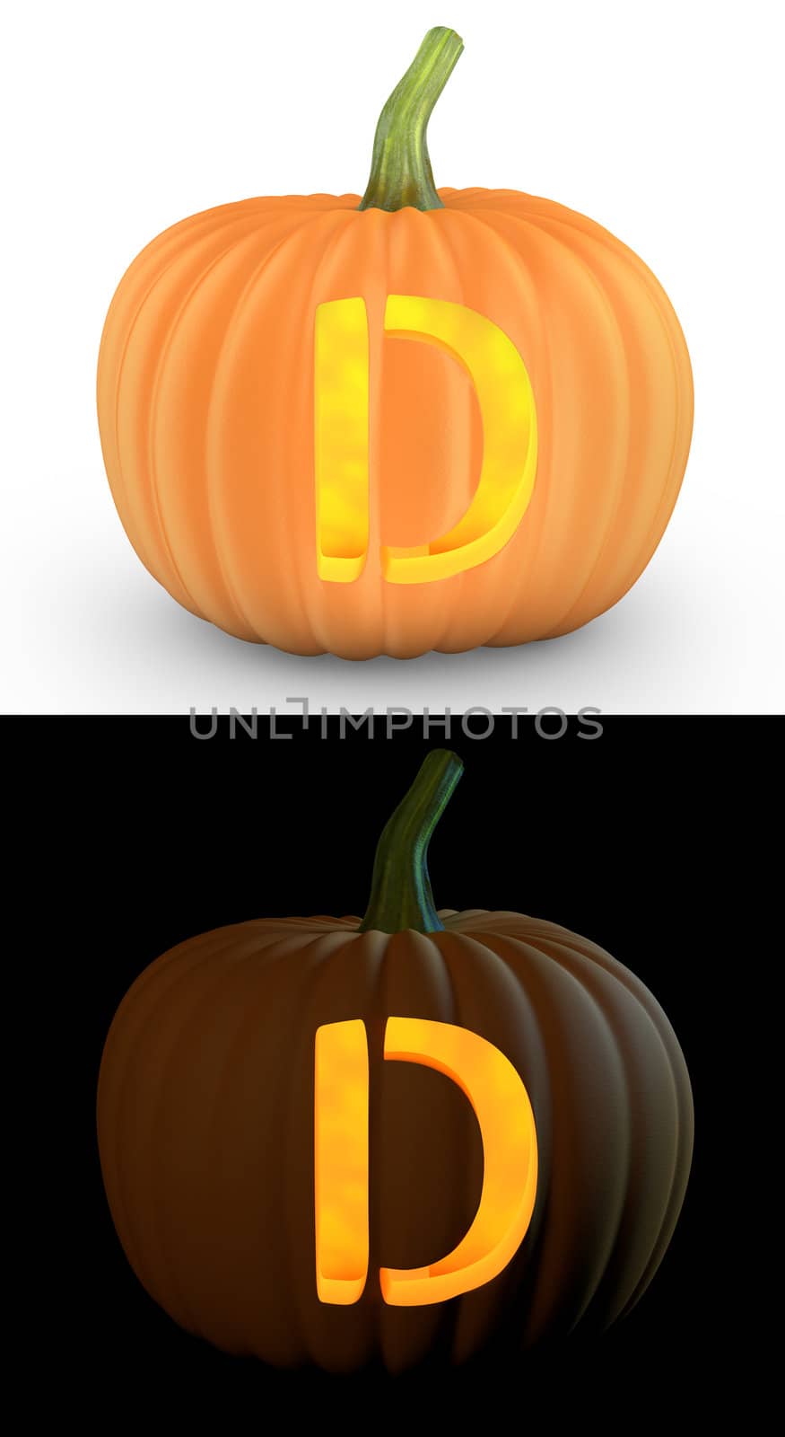 D letter carved on pumpkin jack lantern isolated on and white background