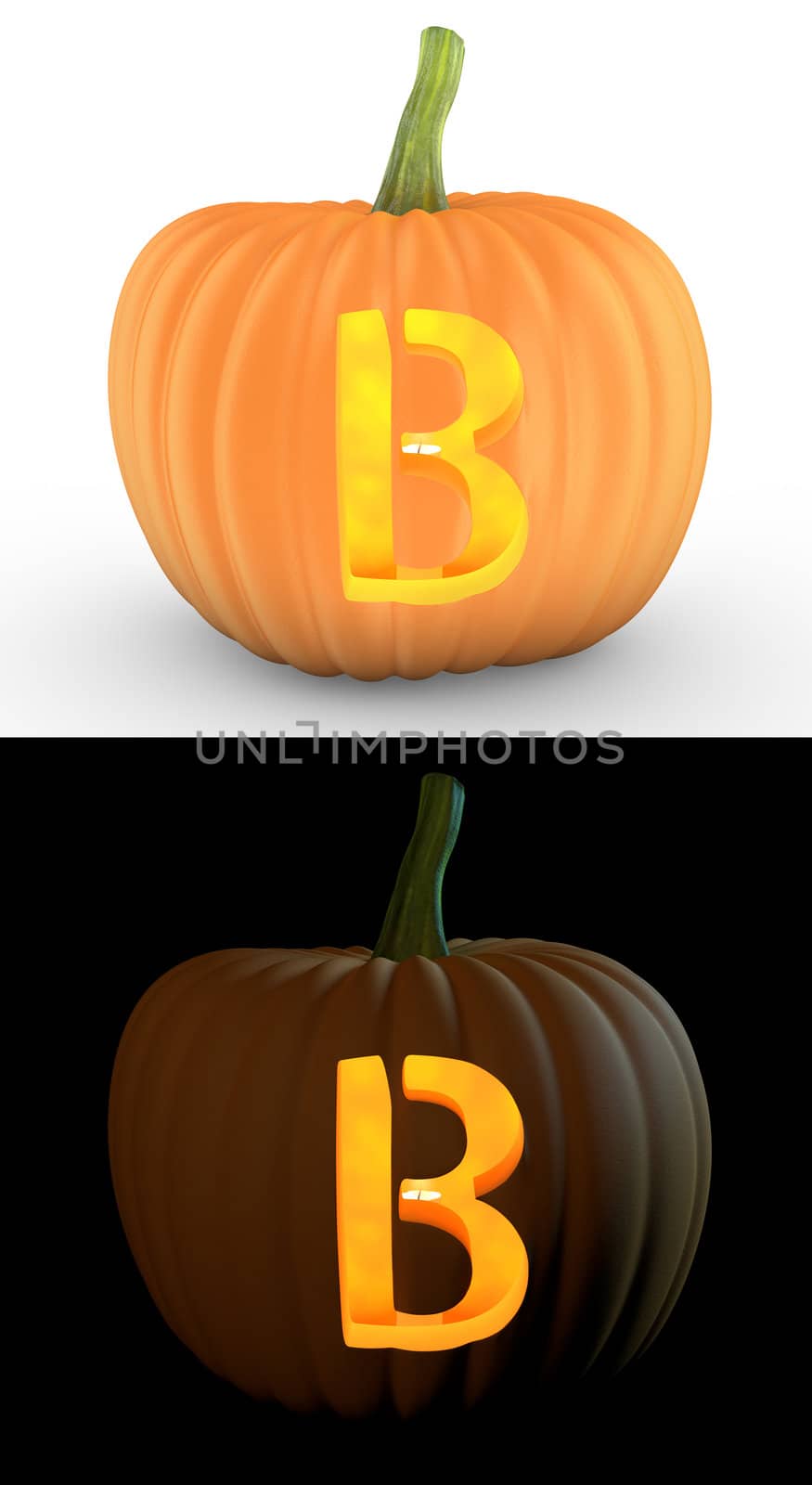 B letter carved on pumpkin jack lantern isolated on and white background