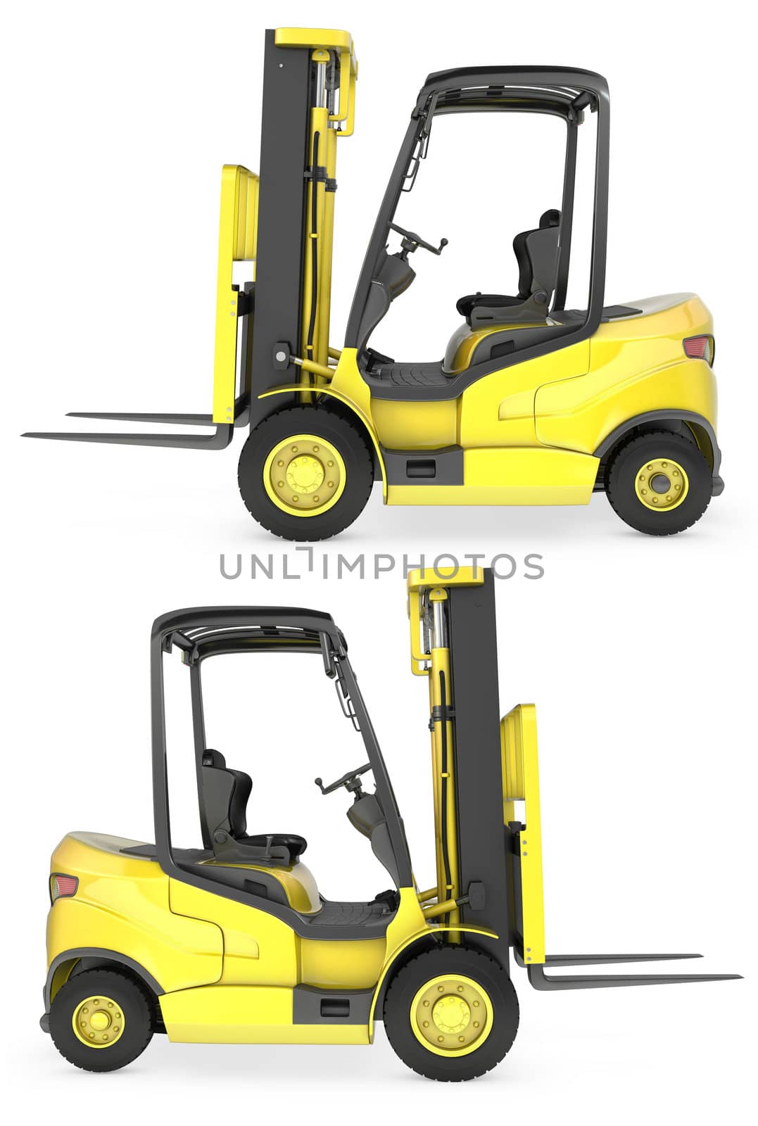 Yellow fork lift truck side view, isolated on white background