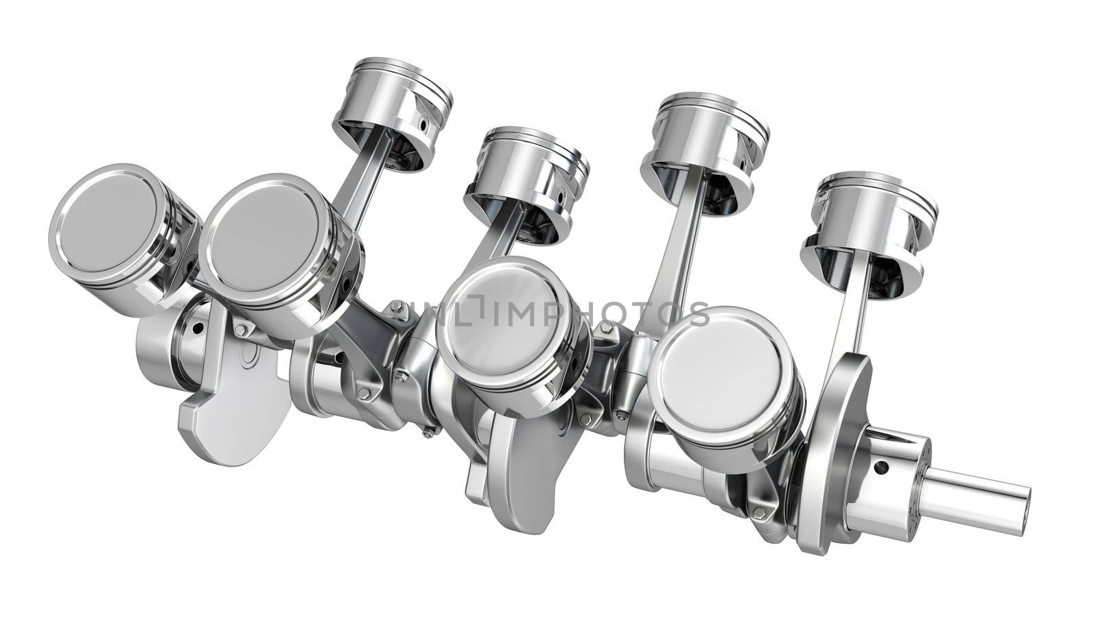 V8 engine pistons on a crankshaft, isolated on white background
