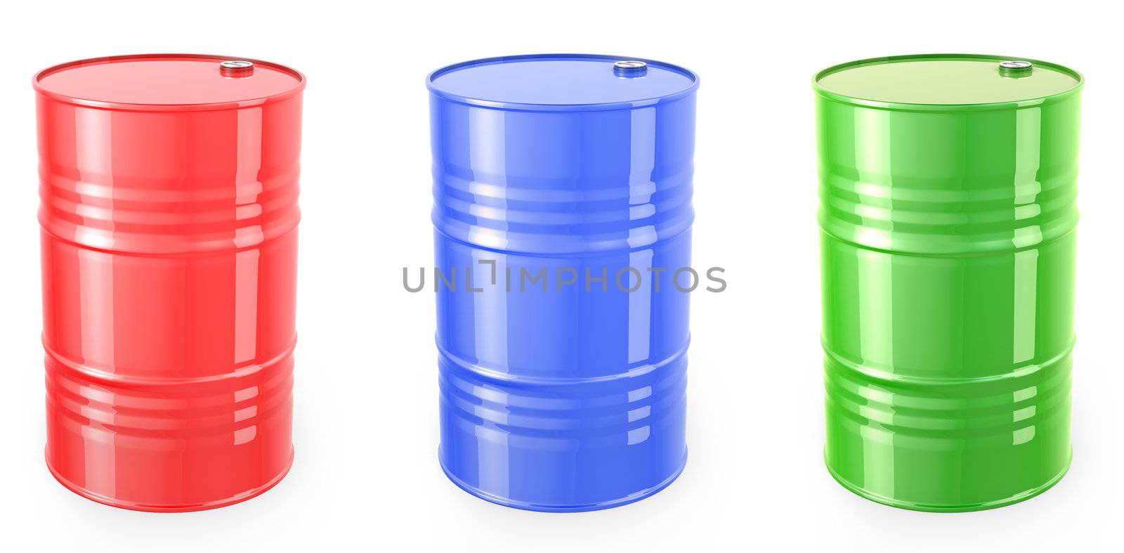 Three single red barrels, red, green and blue isolated on white background