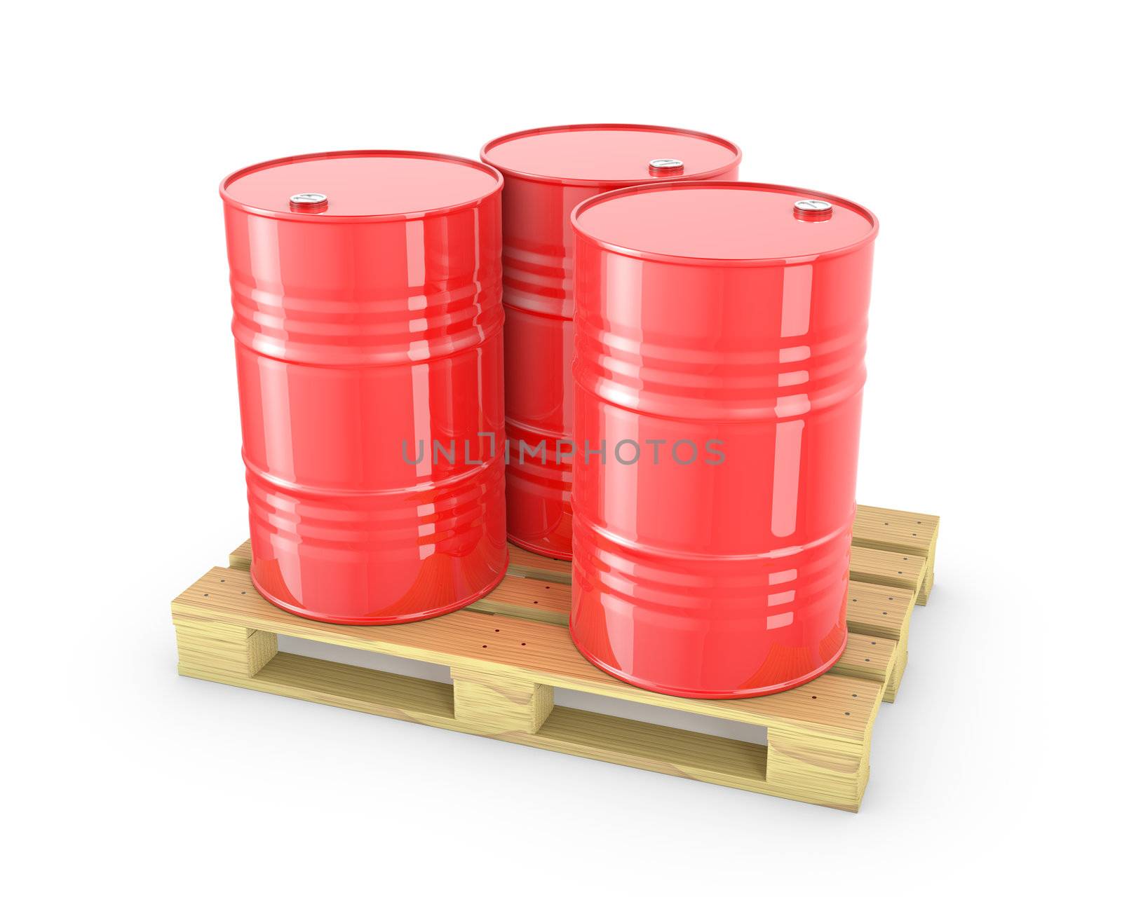 Three red barrels on a pallet isolated on white background