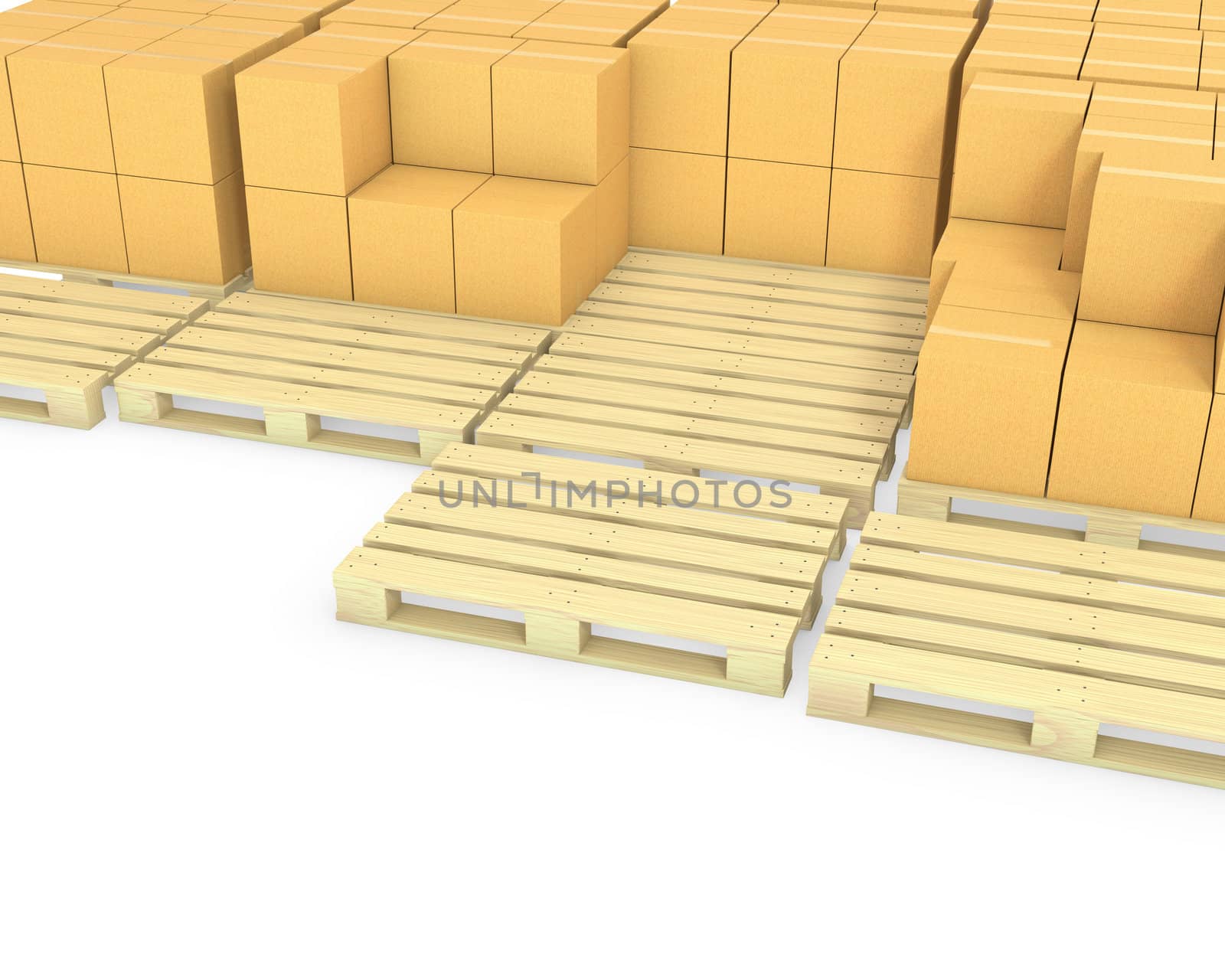 Stacks of cardboard boxes on a pallets isolated on white background