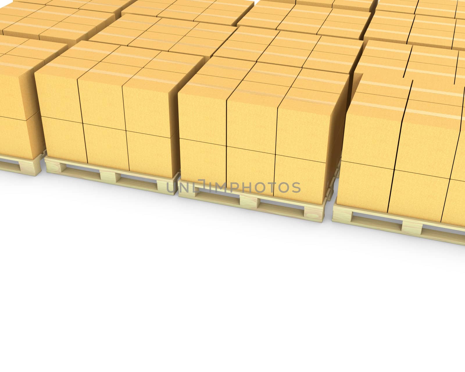 Stacks of cardboard boxes on a pallets isolated on white background 