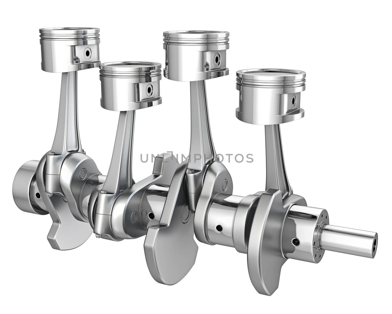 Engine pistons on a crankshaft, isolated on white background