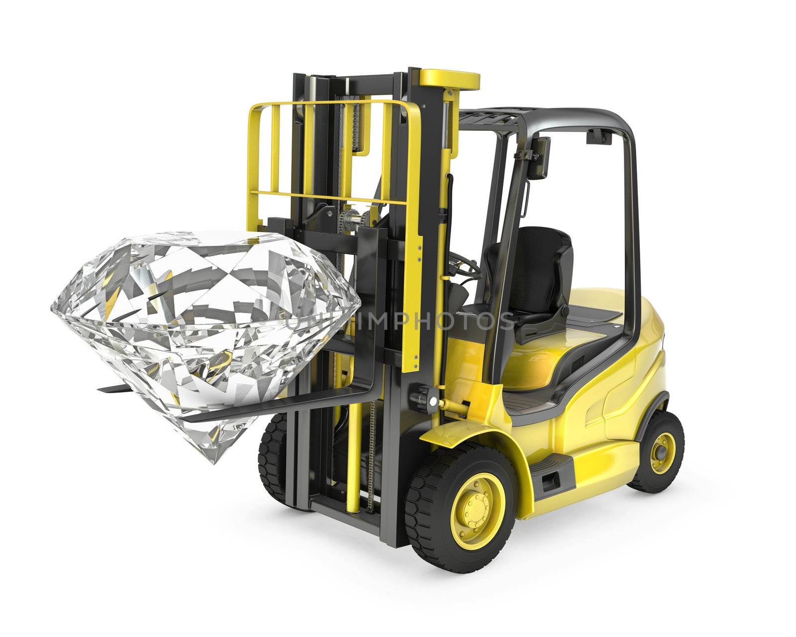 Fork lift truck lifts round cut diamond, isolated on white background