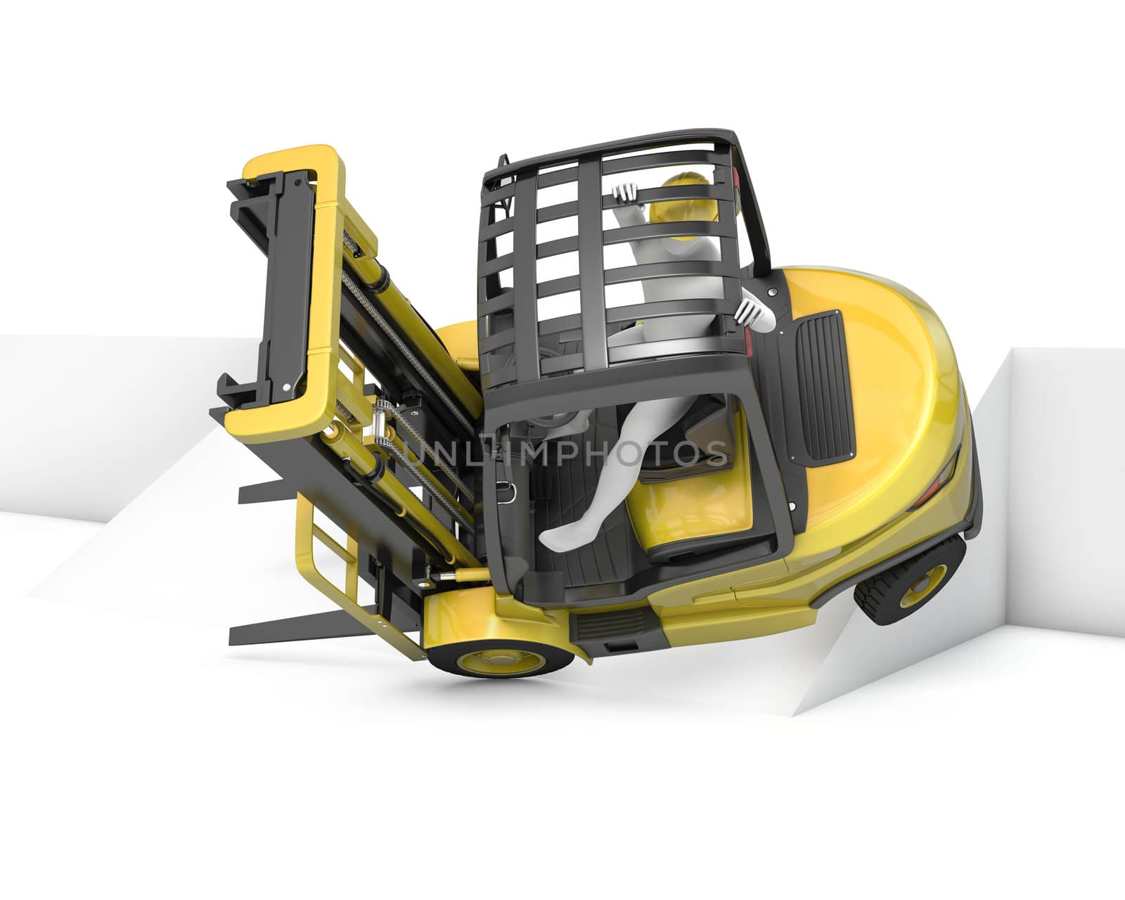 Yellow fork lift truck falling after turning on slope, isolated on white background