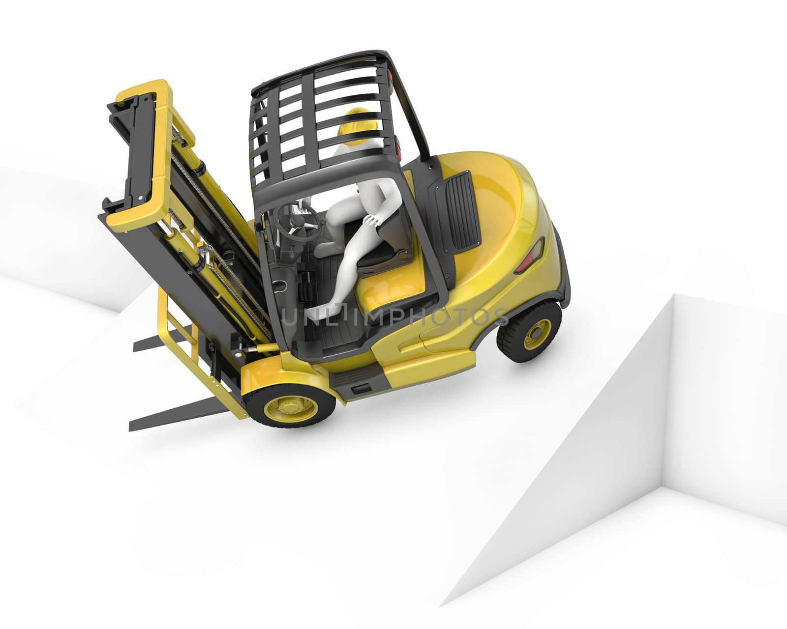 Yellow fork lift truck falling after turning on slope, isolated on white background