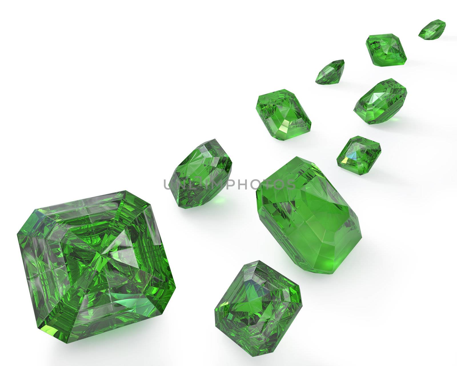 Path of green emeralds, isolated on white background