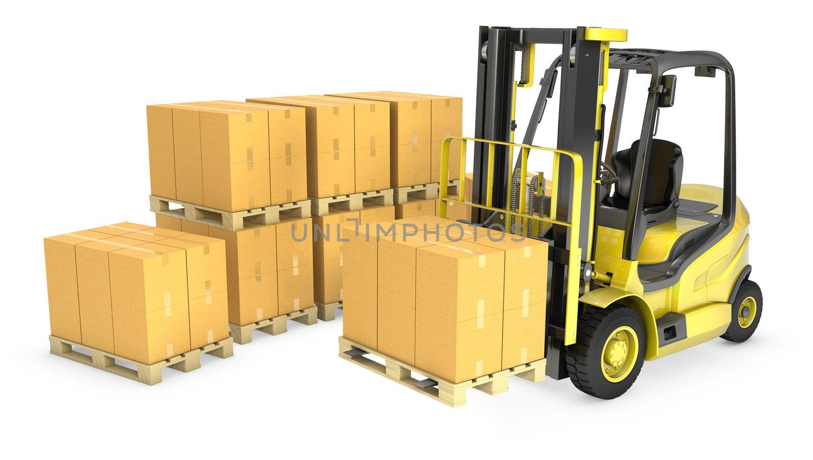 Yellow fork lift truck with stack of carton boxes, isolated on white background