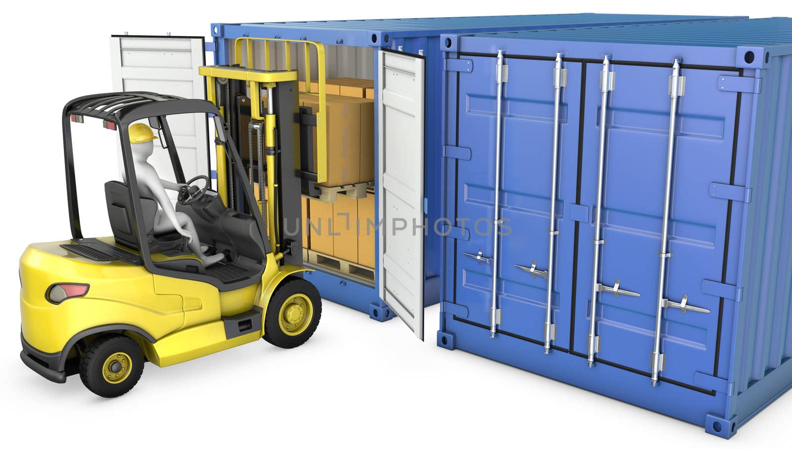 Yellow fork lift truck unloads cargo container, isolated on white background