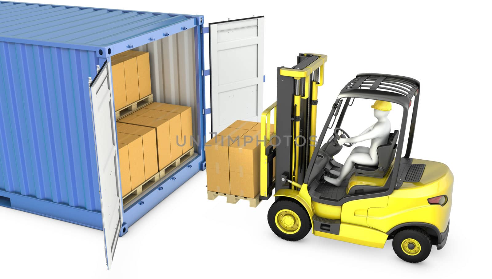 Yellow fork lift truck unloads cargo container, isolated on white background