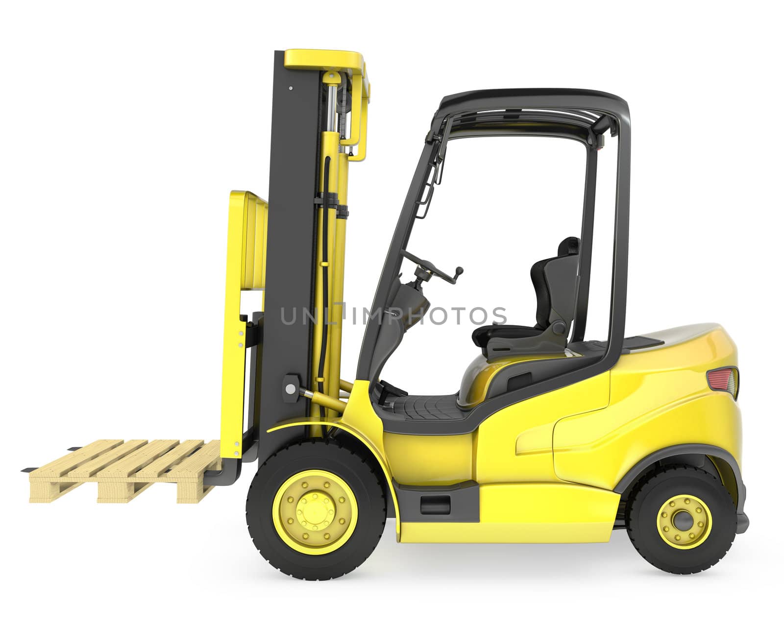 Yellow fork lift truck, with a pallet, isolated on white background