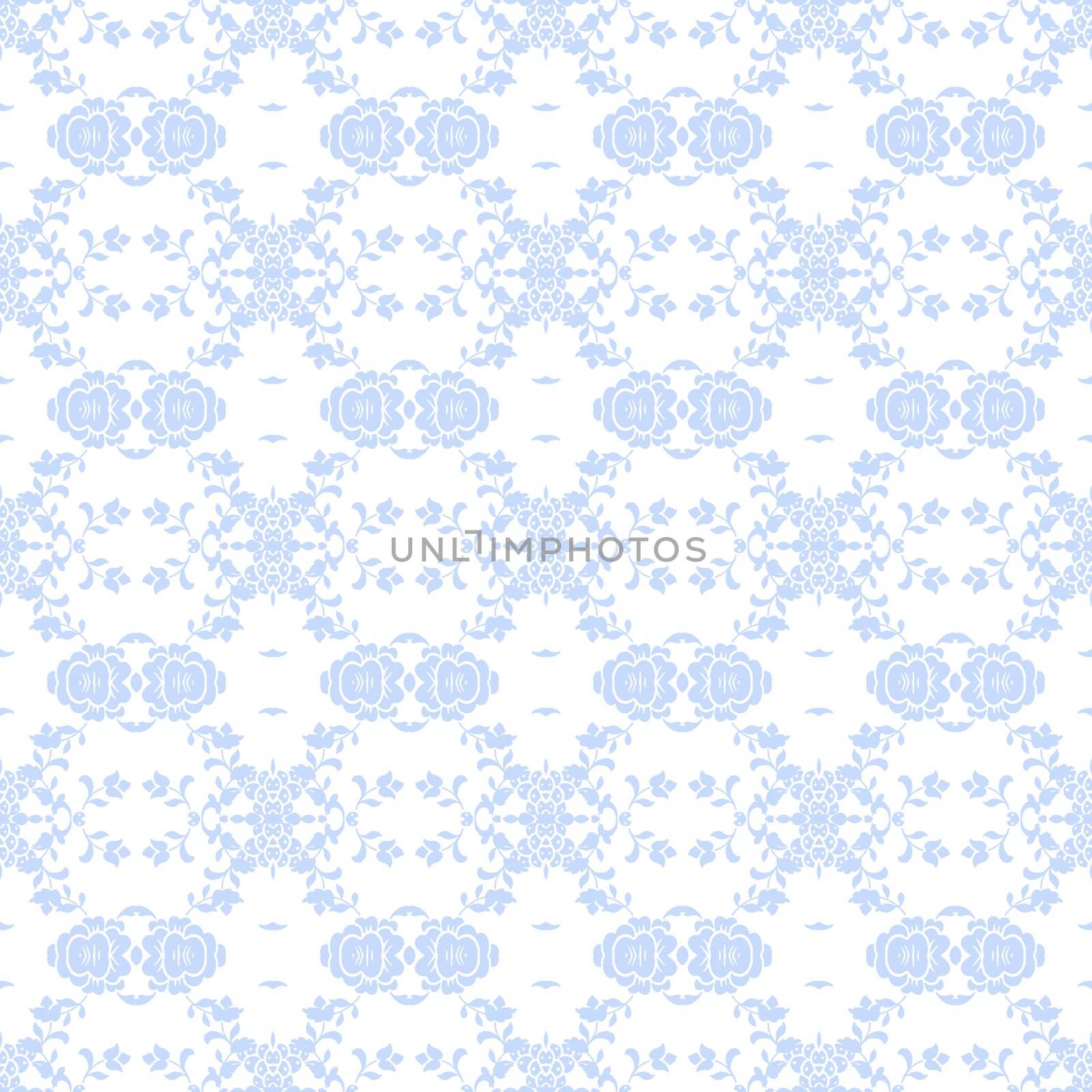 Baby blue vine and cluster elements in a damask style pattern