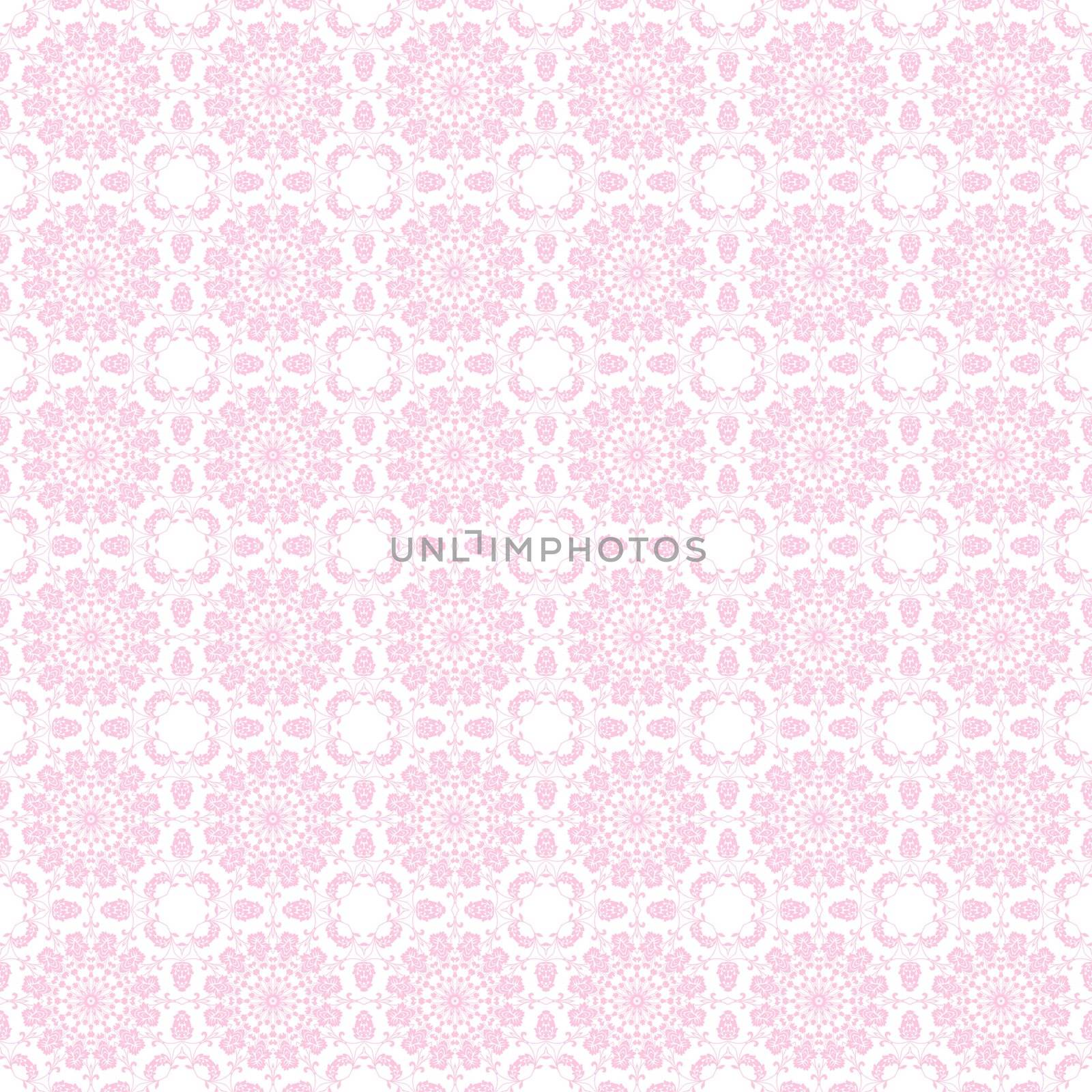 Baby pink vine elements combine in kaleidoscope patterns for a damask style pattern