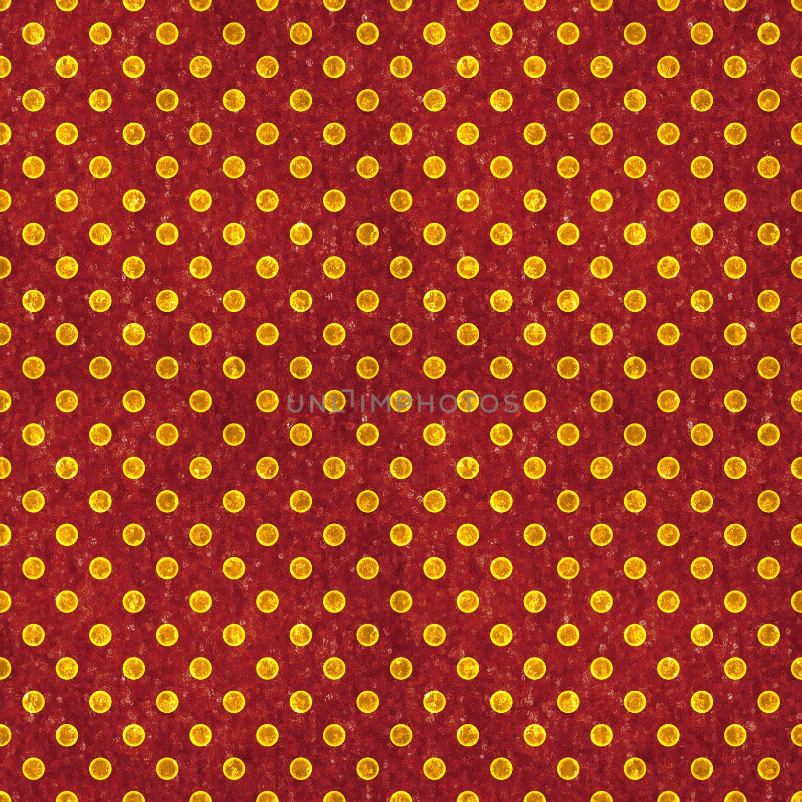 Glowing gold polka dots on deep red textured background. Seamless