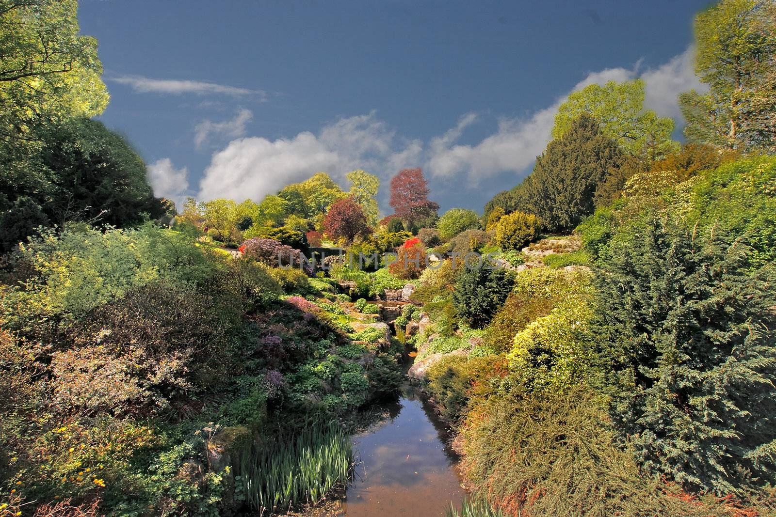 A small stream runs down through part of a magnificent garden in Staffordshire England.