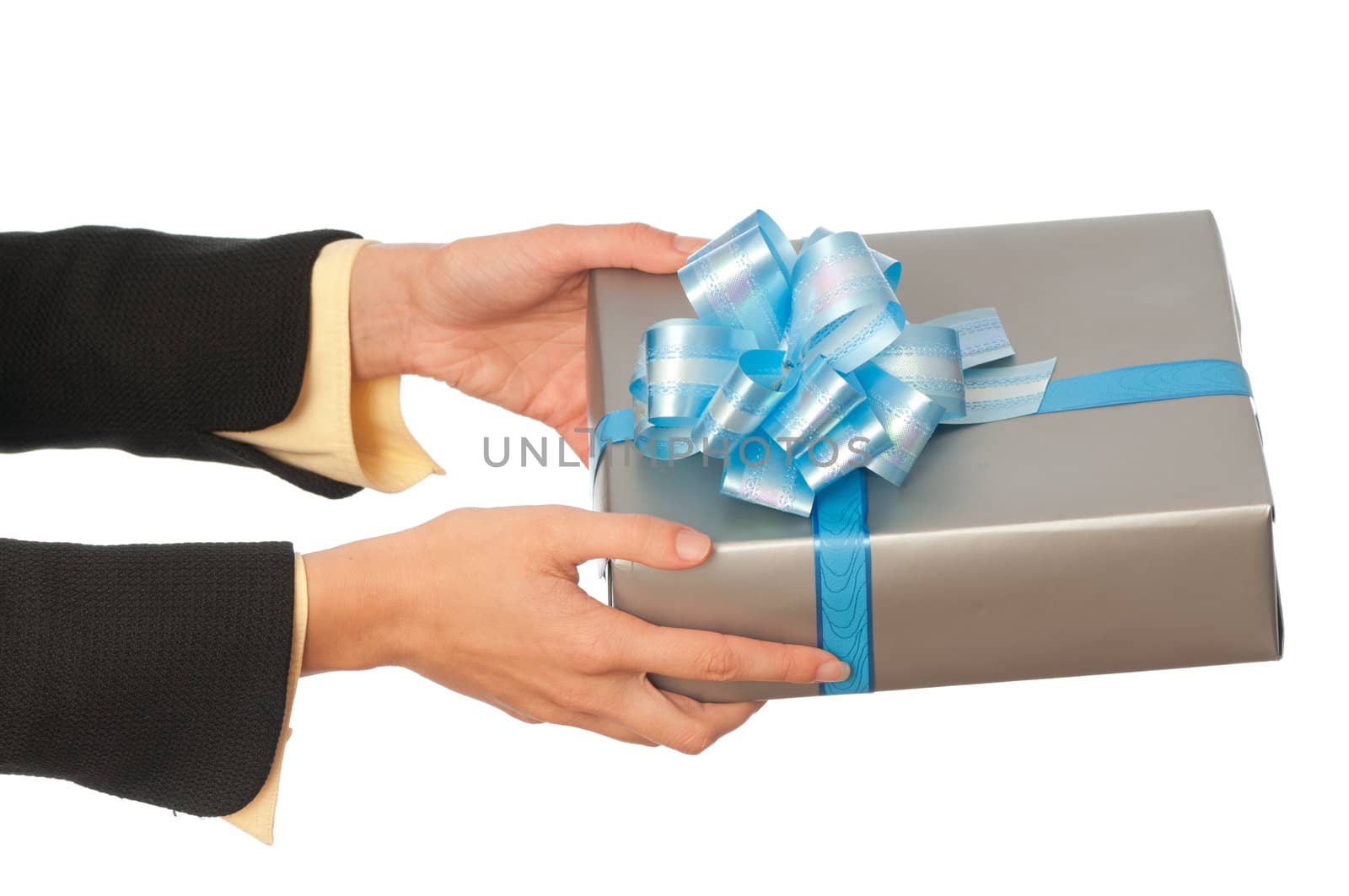 woman giving a silver box with blue bow as a gift