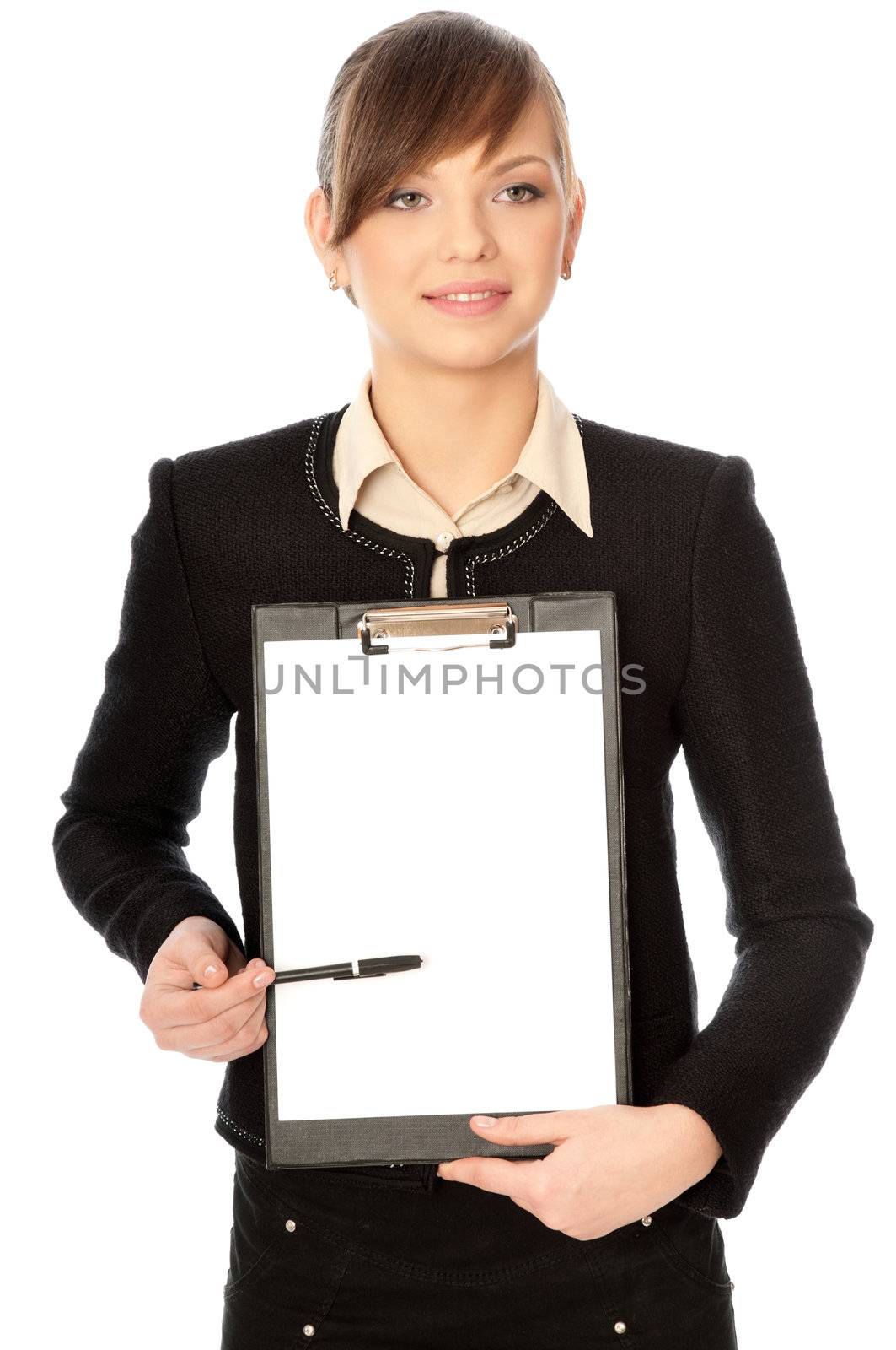 The manager with white blank paper in the hands making a presentation