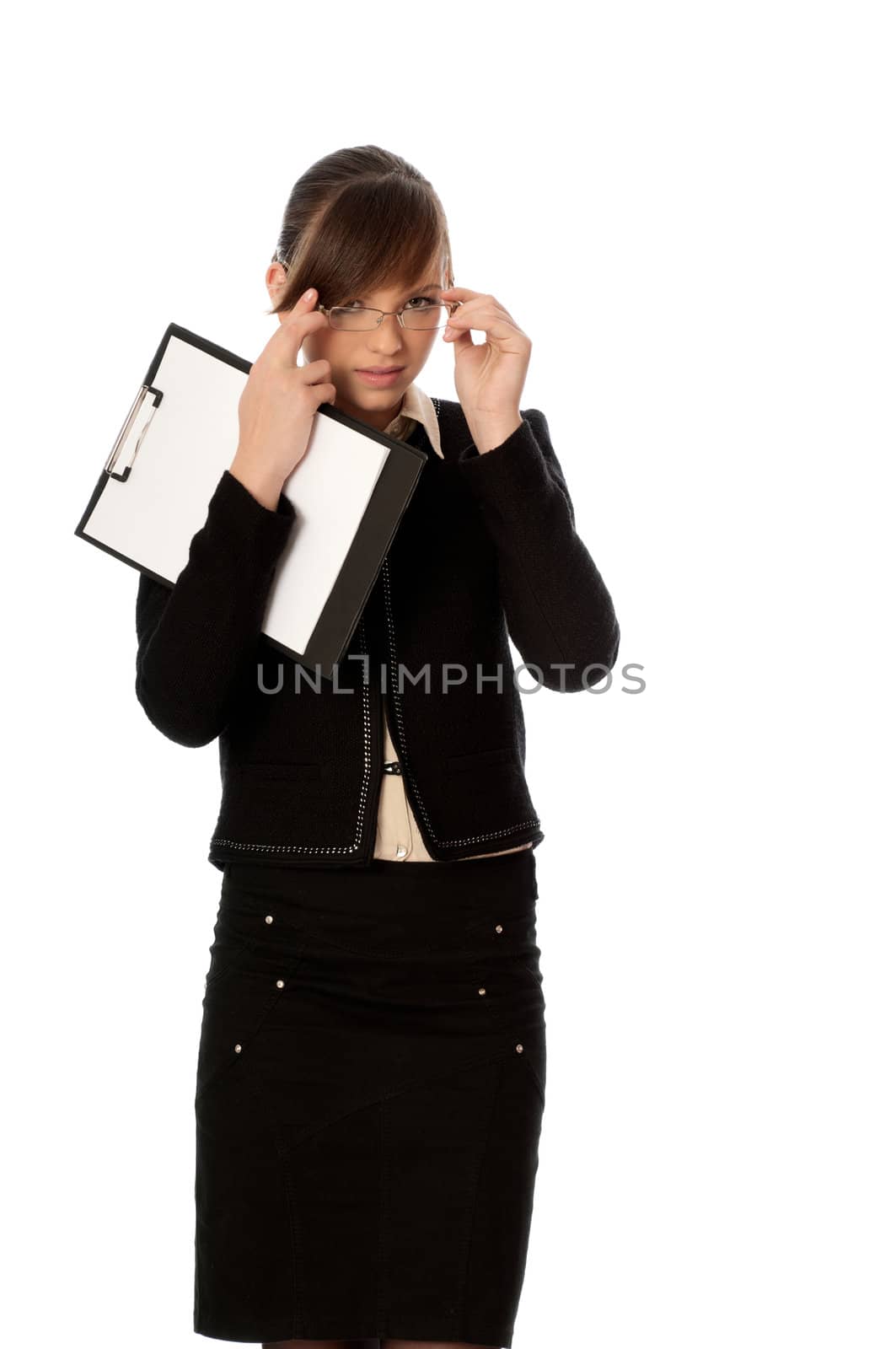 The manager with white blank paper in the hands making a presentation