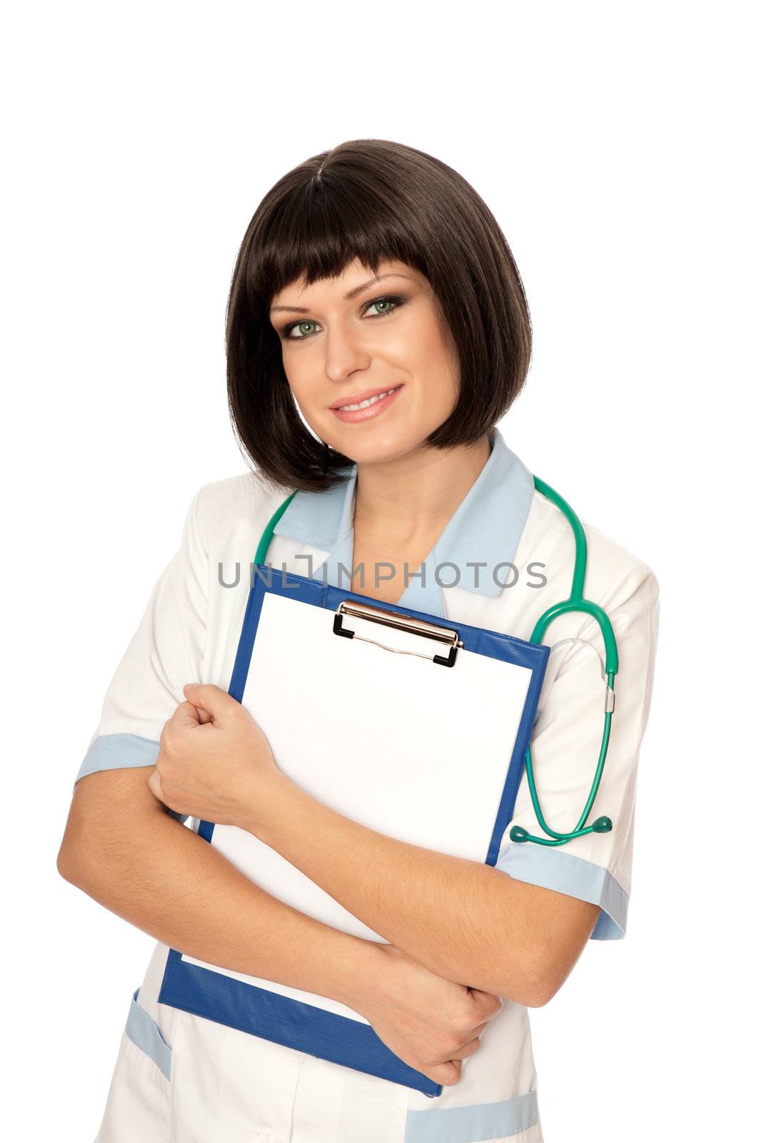 The doctor holding clipboard with blank paper in the hand