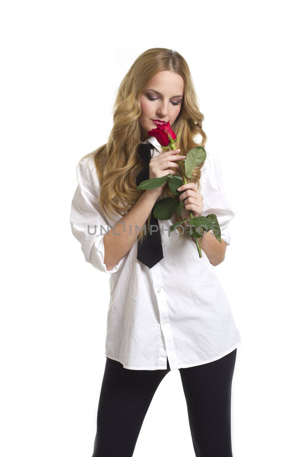 Girl with rose on Valentine's day, on white background