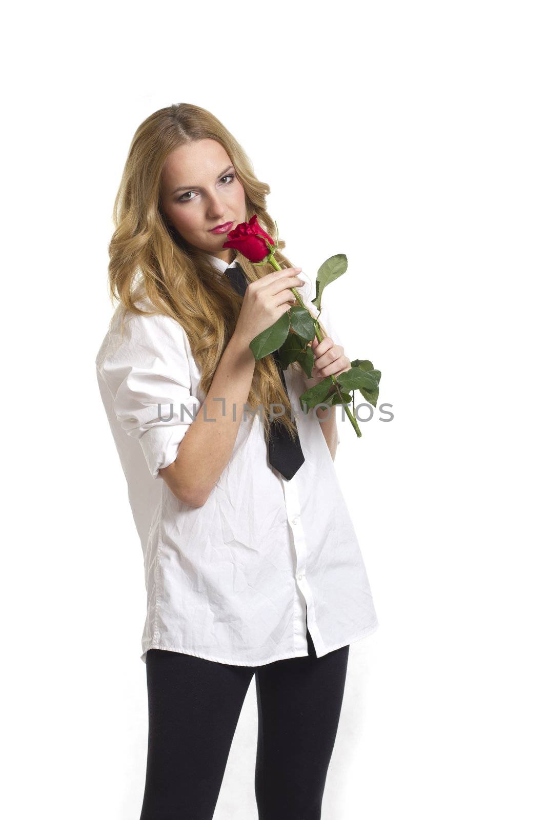 Girl with rose on Valentine's day, on white background