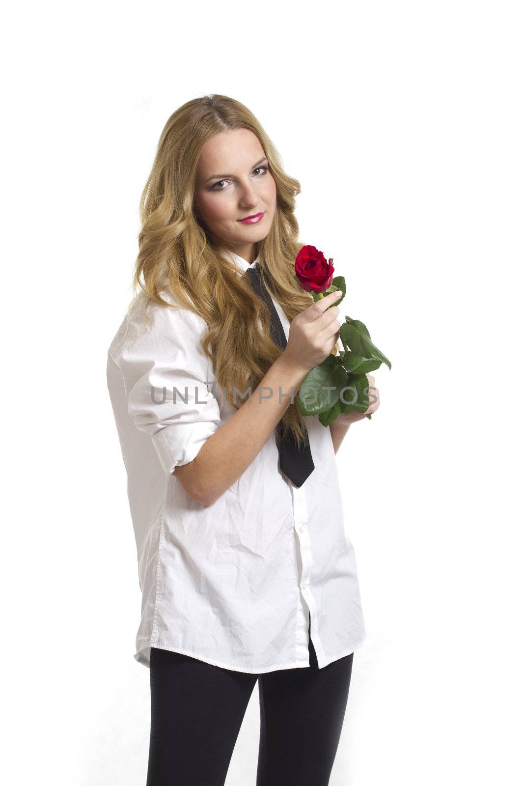 Girl with rose on Valentine's day, on white background