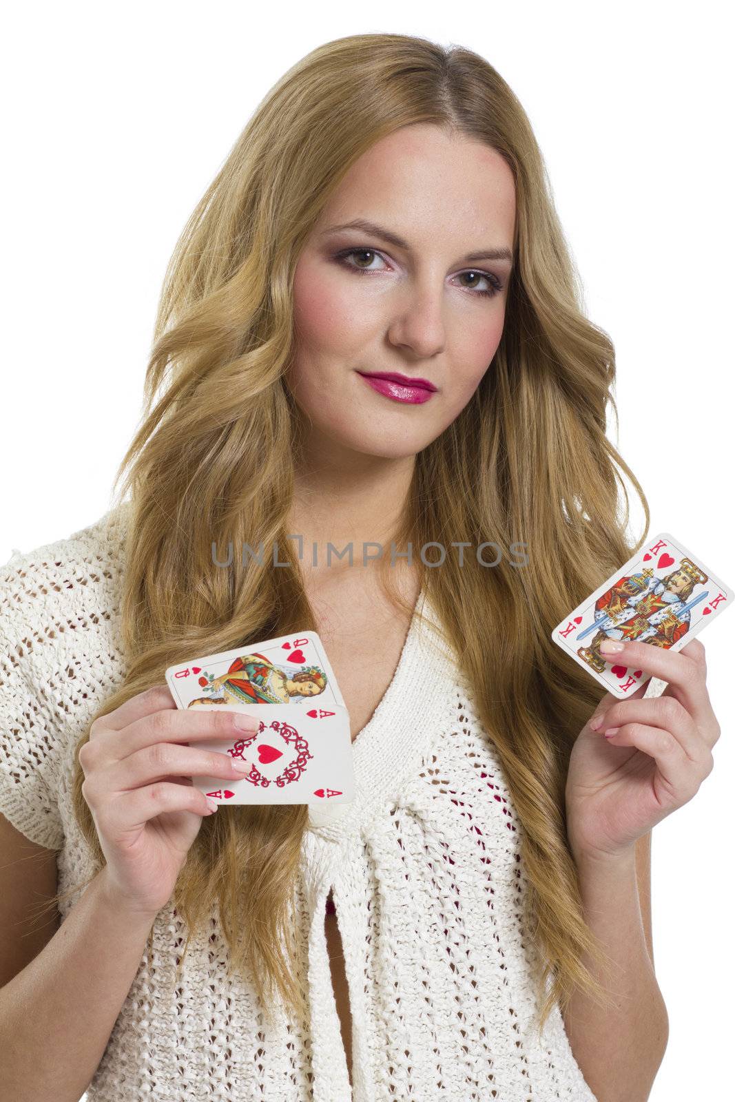 Young woman holding heart playing card in valentine's day, on white background