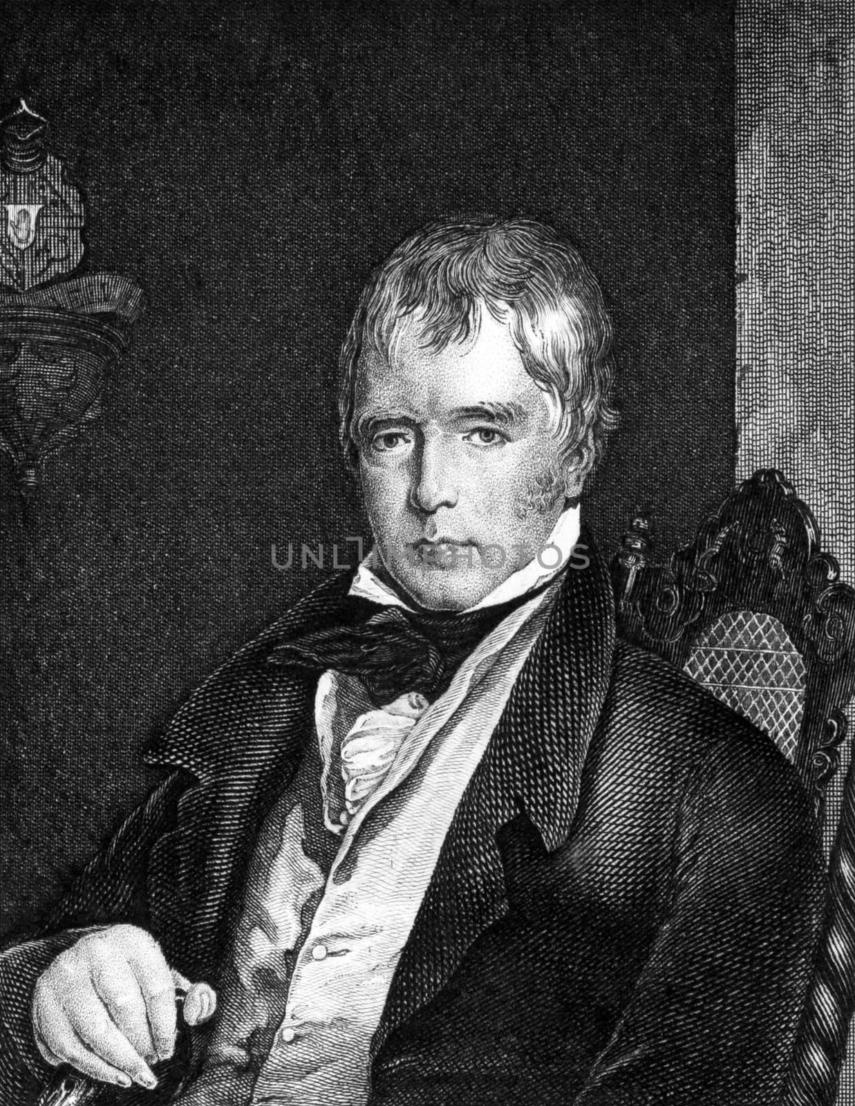 Walter Scott (1771-1832) on engraving from 1859. Scottish historical novelist, playwright, and poet. Engraved by unknown artist and published in Meyers Konversations-Lexikon, Germany,1859.