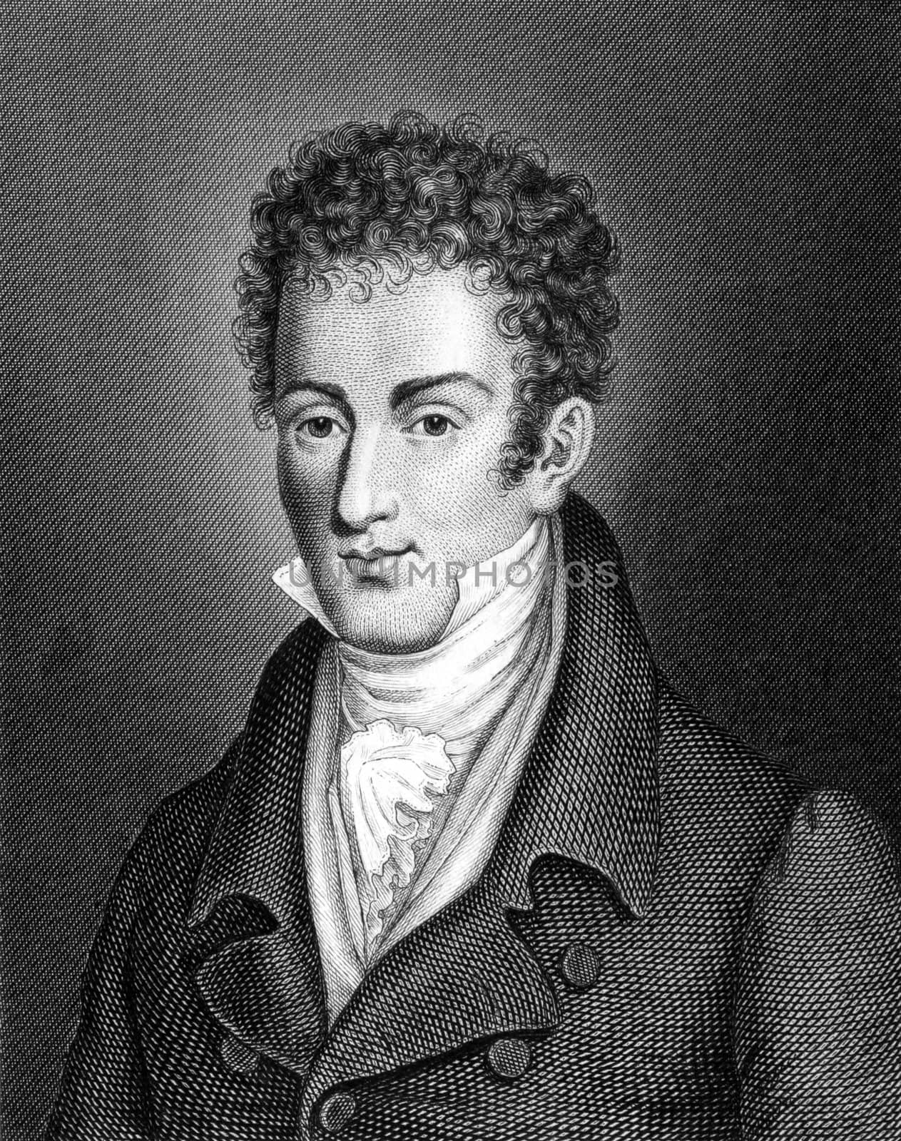 Washington Irving (1783-1859) on engraving from 1859.  American author, essayist, biographer and historian. Engraved by unknown artist and published in Meyers Konversations-Lexikon, Germany,1859.