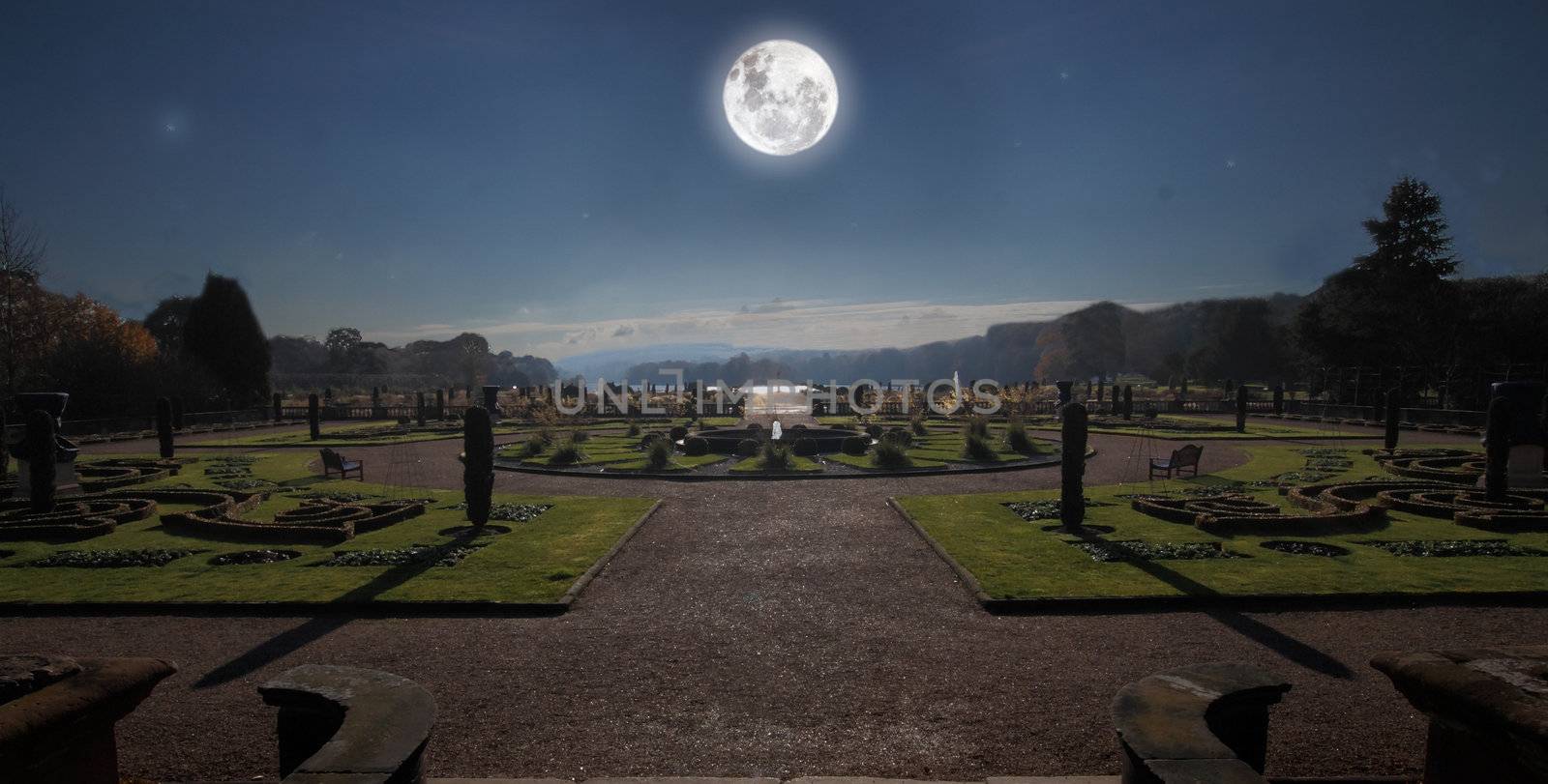 The gardens at Trentham, Staffordshire, England, photographed by the light of a full moon.